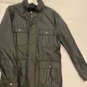 Coach Utility Field Raincoat, waxed cotton.  Dark Grey/Black, Size M.